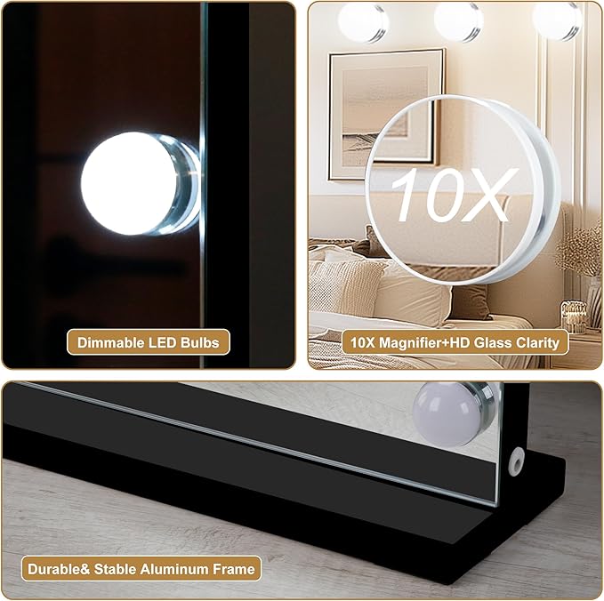 Moonee Black Vanity Mirror with Lights, Hollywood Lighted Makeup Mirror with 17 Dimmable Bulbs and 10X Magnification, 3 Colors Modes, Aluminum Metal Frame, Light Up Mirror for Tabletop/Wall（26" x 20"）
