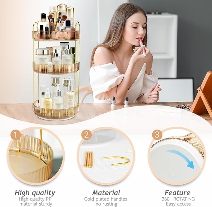 360 Rotating Makeup Organizer for Vanity,3 Tier Large Capacity Skincare Organizers,Bathroom Counter Organizer, transparent Spinning Perfume Organizer & Vanity Organizer (NEW-GOLD, 3 Tier)