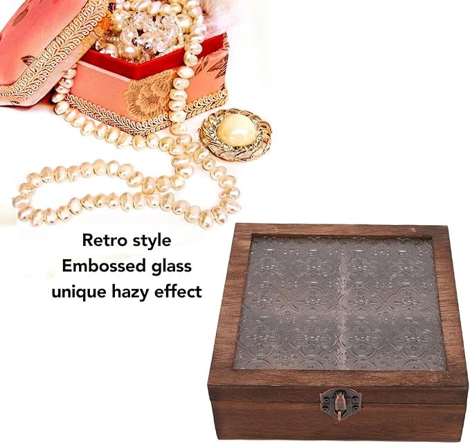 TOPINCN Floral Wooden Jewelry Box, Vintage Makeup Organizer, Trinket Holder Container, Quadrate Small Storage Case with Glass Lid for Cosmetics, Vanity Table, Desk Decorative