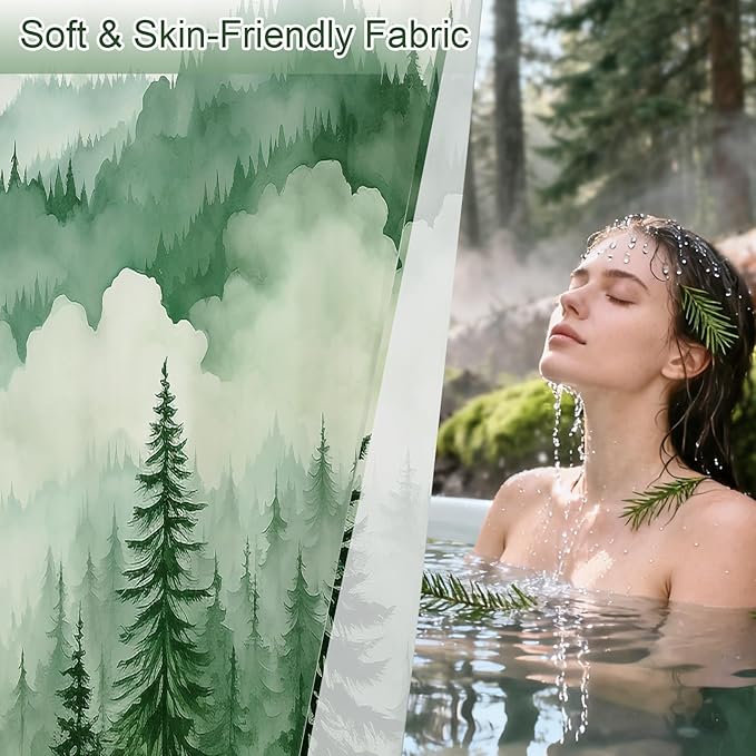 Green Long Misty Pine Forest Shower Curtain 72 x 78, Mountain Foggy Woodland Scenery Tree 78 Inch Long Shower Curtains for Bathroom, Abstract Waterproof Nature-Themed Decor