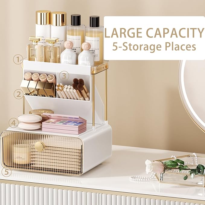 Makeup Organizer with Drawer for Vanity, 2 Tier 5 Zones Cosmetic Display Case Detachable, Cosmetic Storage Perfume Shelf for Bathroom Counter, Perfect Storage Solution for Your Beauty Essential(Amber)