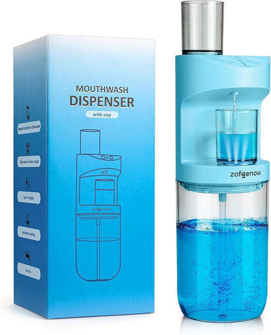 ZOFGENOW Automatic Mouthwash Dispenser for Bathroom,Bathroom Accessories 19.4 Fl Oz Dispensers with Magnetic Cups,Wall Mounted Dispenser,Suitable for All Age Groups,Blue