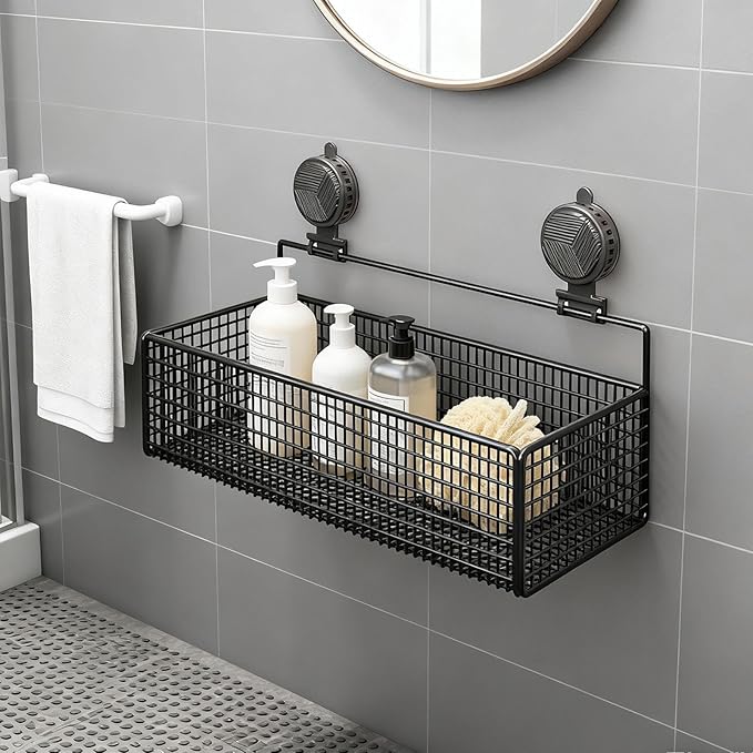 Bathroom Shelf with Suction Cup, Shampoo Holder, Bathroom Organizer, Black L