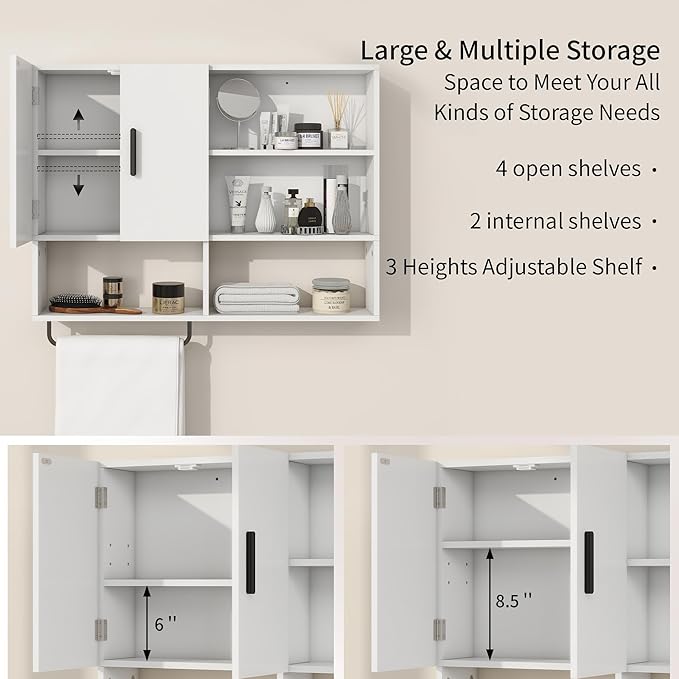 Medicine Cabinet, Wooden Bathroom Wall Cabinet with 2 Doors, Adjustable Shelves & Towel Bar, Over Toilet Storage Cabinet Wall Mounted for Kitchen & Laundry, White
