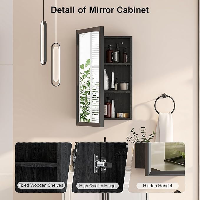 Black Bathroom Medicine Cabinet with Mirror,Beveled Aluminum Frame,16x27 Inch,Bathroom Mirror with Storage Wall Mounted,Medicine Cabinet Mirror,Assembly Required