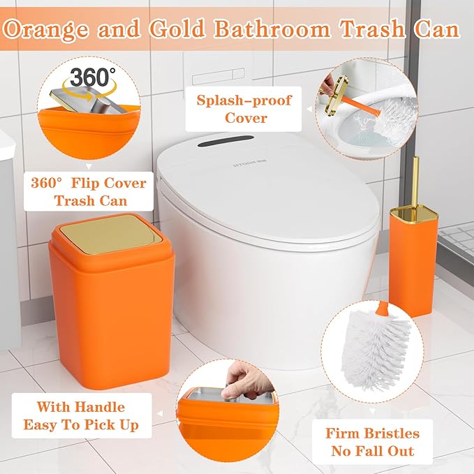 XLHOMO Orange Bathroom Accessories Set, Orange and Gold Bathroom Accessories with Trash Can, Soap Dispenser, Soap Dish, Toothbrush Holder and Q-tip Holders
