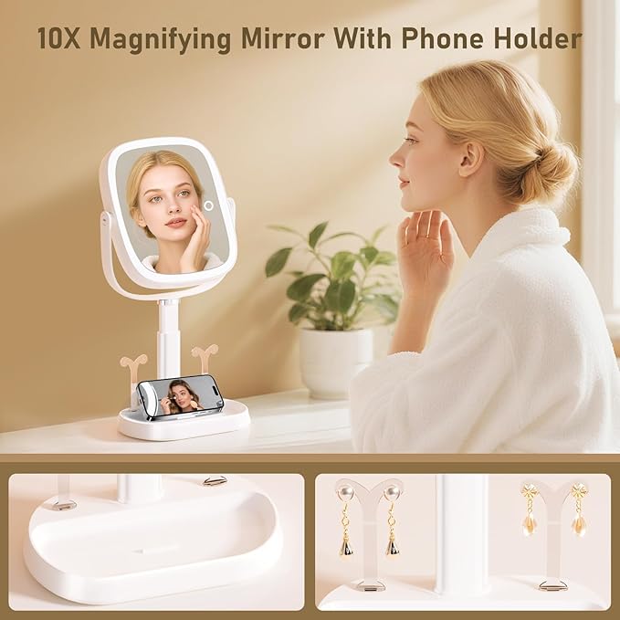 FRANO Vanity Mirror with Lights, Rectangular Lighted Makeup Mirror with 3 Color Lights, 1X/10X Magnification, Adjustable Height, 360° Rotation, 4000mAh Rechargeable for Desk, Gifts for Women