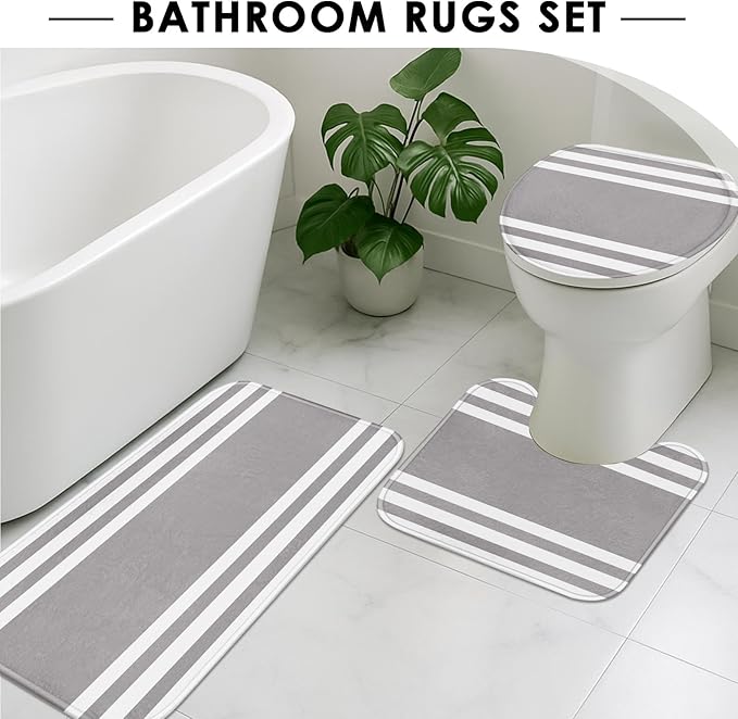 Striped Grey Shower Curtain Set with Toilet Lid Cover and Non-Slip Rugs for Bathroom, Minimalist Modern 4 Pcs Shower Curtain, Neutral Bathroom Set with 12 Hooks