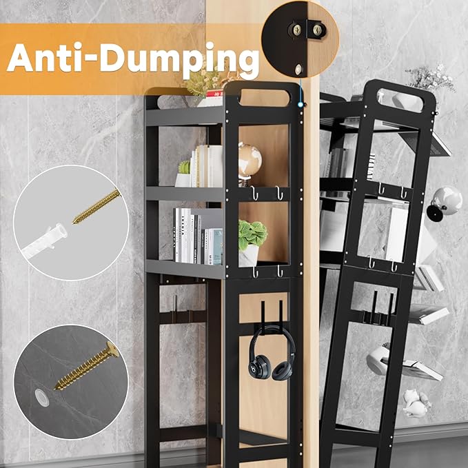 Over The Toilet Storage Shelf, 3 Tiers Space Saver Bathroom Organizer Shelves with Toilet Paper Holder and Hooks, Freestanding Toilet Rack for Washroom Balcony, Black