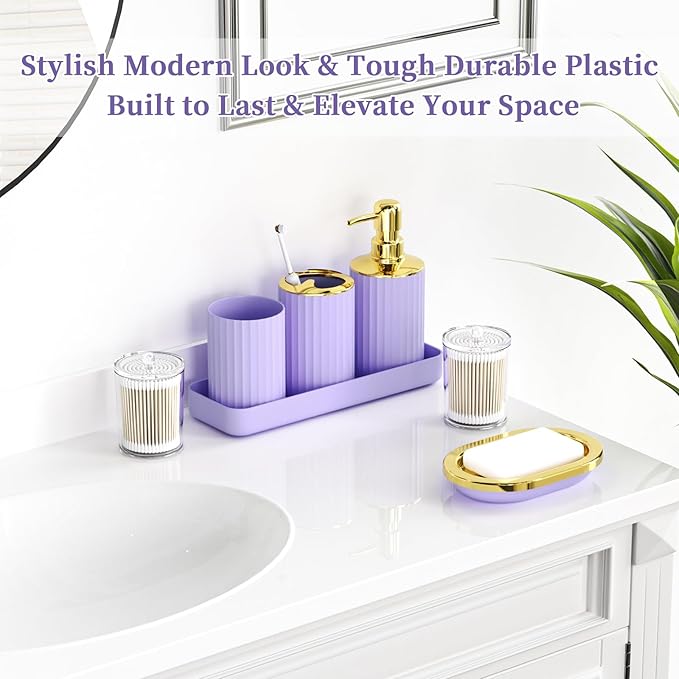 Purple and Gold Bathroom Accessories, Bathroom Sets with Shower Curtain and Rugs, Bath Rugs Accessory Set with Bathroom Trash Can, Soap Dispenser, Soap Dish for Home Decor