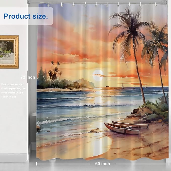 Shrahala Summer Sunset Beach Decorative Shower Curtain, Tropical Seaside Scene Bathroom Décor Polyester Fiber Waterproof with Plastic Rings for Shower Stall Bathtubs 72 X 60 in