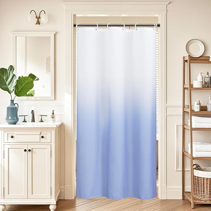 AooHome Fabric Narrow Shower Curtains, Cloth Ombre Blue Shower Curtain Sets, Washable Fabric Blue and White Shower Curtain, Rustic Farmhouse Bathroom Shower Curtains, 36x72 Inches