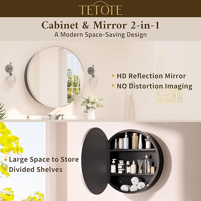 TETOTE Bathroom Mirror Cabinet 30 x 30 Matte Silver Gray Round Bathroom Medicine Cabinet with Mirror Adjustable Shelves Farmhouse Wall Mirror with Storage Surface Mounted