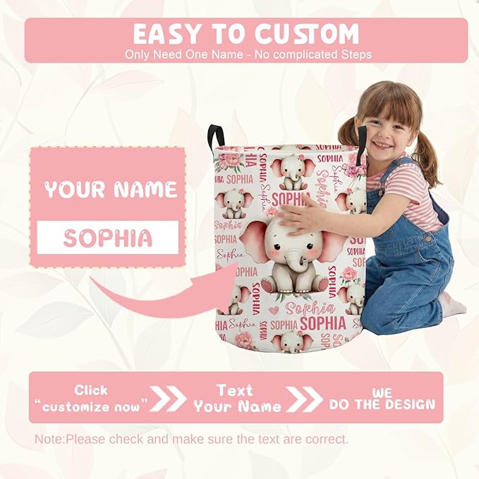 Custom Elephant Laundry Baskets,Personalized Elephant Gifts,Customize Name Laundry Hamper for Boys Girls Adults,Collapsible Clothes Storage Organizer,16.5 x 13.8in