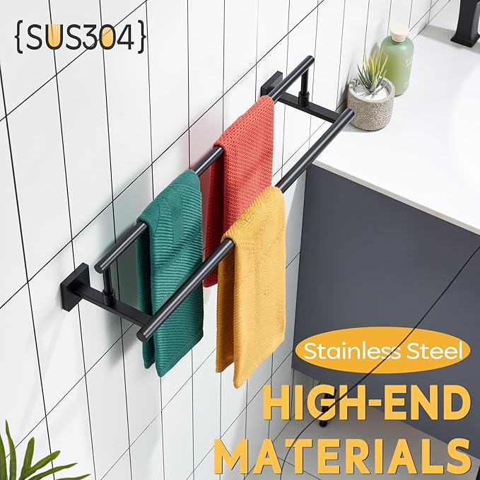KOKOSIRI Bathroom Towel Bars 24-Inch Double Towel Rails Matte Black Towel Holder for Kitchen Garage Wall Mount Stainless Steel B5009BK-L24