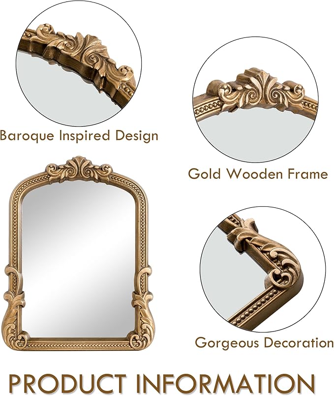 Vintage Vanity Makeup Mirror Gold Desk Small Mirror Antique Arched Gold Table Traditional Resin Mirror with Stand for Tabletop Living Room Bedroom Countertop Dresser 9.6x12.3
