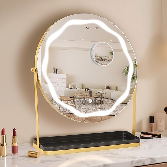 IDEALHOUSE Mirror with Lights, Three Color Adjustable LED Lighting, Removable Storage Case, 360° Rotation, Smart Touch Controls, Suitable for Desks/Bedrooms, Easy Assembly, Gold