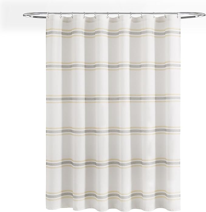 Lush Decor Farmhouse Stripe Cotton Shower Curtain, 72" W x 72" L, Yellow & Gray - Striped Bathroom Curtain - Fabric Shower Curtains - Farmhouse Bathroom Decor