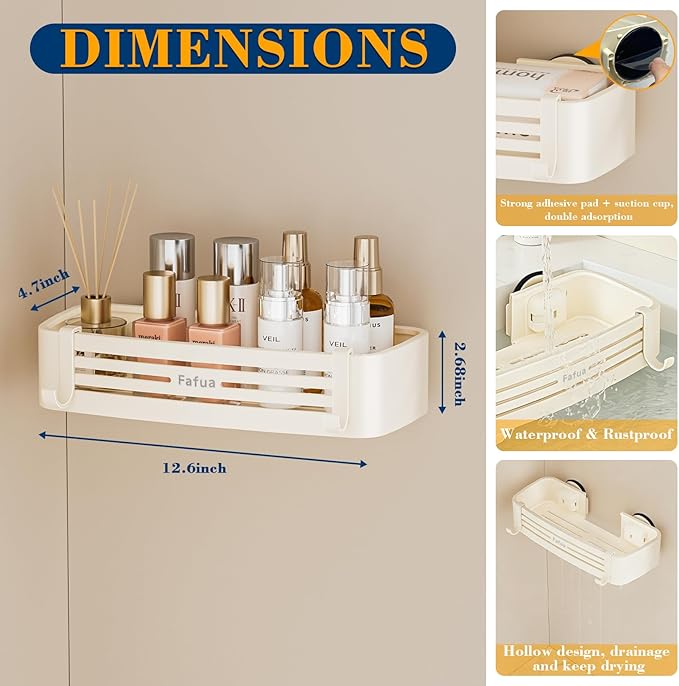 Shower Caddy Suction Cup, No-Drilling Hanging Shower Caddy with Hooks, Waterproof & Rustproof Removable Shower Organizer for Bathroom Storage
