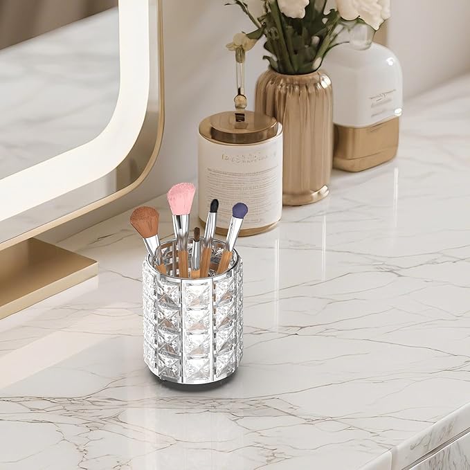 LUGUNU Makeup Brush Holder with Silver Crystal Bling ?€? Elegant Vanity Organizer for Brushes, Pens & Pencils, Ideal for Bathroom or Office Countertop(1Pack)