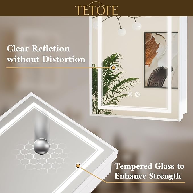 TETOTE White Led Lighted Bathroom Medicine Cabinet with Mirror 20 x 26 Recessed or Surface Mount Metal Framed Medicine Cabinet with Lights, Tempered Glass, 3 Color Dimming, Anti-Fog, 2 Outlets