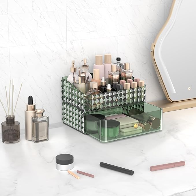Makeup Organizer for Vanity, Stackable Cosmetics Organizer and Storage, Cosmetic Display Cases with 1 Drawers and 1 Tray for Makeup Brush, Hair Accessories, Lipstick and Jewelry, Green