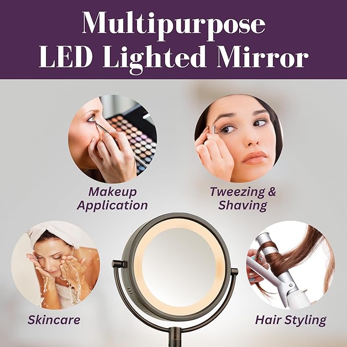 JERDON Wall-Mounted Magnifying Mirror with LED Lights - Lighted Makeup Mirror with 5X Magnification - Plug in - Bronze Finish, Model HL65BZ