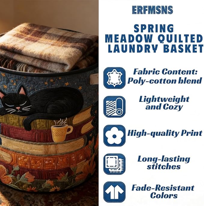Cat Quilted Laundry Basket - 18"/22"/28", 2026 Large Quilted Cat Laundry Basket with Handles, Cozy Cat Fabric Storage Hamper for Nursery, Bedroom, Laundry Room, Clothes & Toys (5, L 20"X28”)