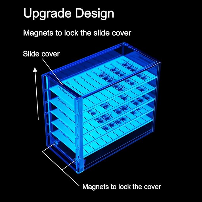 Lash Storage Organizer, Upgrade Design Small 5-Layer Lash Trays for Lash Extensions with magnet cover, Blue Semilucent lash tray Organizer, Eyelash Storage Box