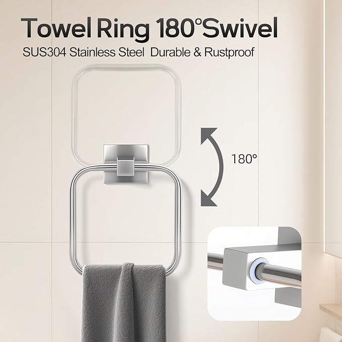 Brushed Nickel Bathroom Hardware Set 4 Piece, Towel Rack Set for Bathroom, Towel Bar Toilet Paper Holder Set SUS304 Stainless Steel -18In Towel Bar, Paper Toilet Holder, Square Towel Ring, Towel Hook