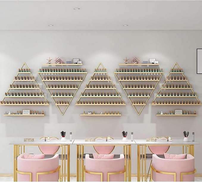 Wall-Mounted Nail Polish Rack, Set of 10 Triangular Gold Nail Polish Shelf 5-Tier Lipstick Perfume Cosmetic Display Shelf for Home Spa Nail Salon Shop