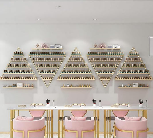 Wall-Mounted Nail Polish Rack, Set of 10 Triangular Gold Nail Polish Shelf 5-Tier Lipstick Perfume Cosmetic Display Shelf for Home Spa Nail Salon Shop