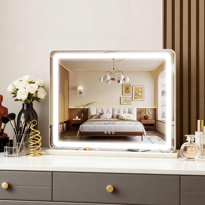 ROLOVE Vanity Mirror with Lights, 23"x18" Large Makeup Mirror with Lights, 10x Magnification, Wall Mounted LED Mirror for Bathroom, Dimmable Touch Control, Desk Mirror