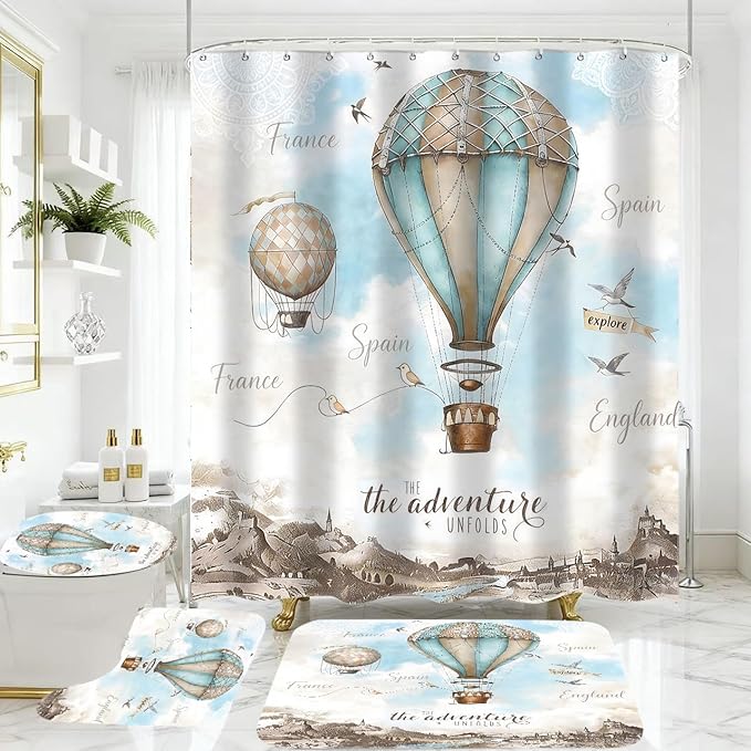 jieprom 4 Piece Sky Blue Shower Curtain Set with Rugs, Vintage Map & Hot Air Balloon Art, Scenic Adventure Aesthetic Bathroom Decor, Waterproof Fabric with Non-Slip Mats, Waterproof Fabric