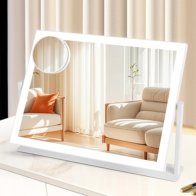 Vanity Mirror with LED Lights, 16.4x12.2 Inch Makeup Mirror, 3-Color Dimmable Touch Screen, 5X Magnification, 360° Rotation, White Large Tabletop Mirror for Bedroom Vanity