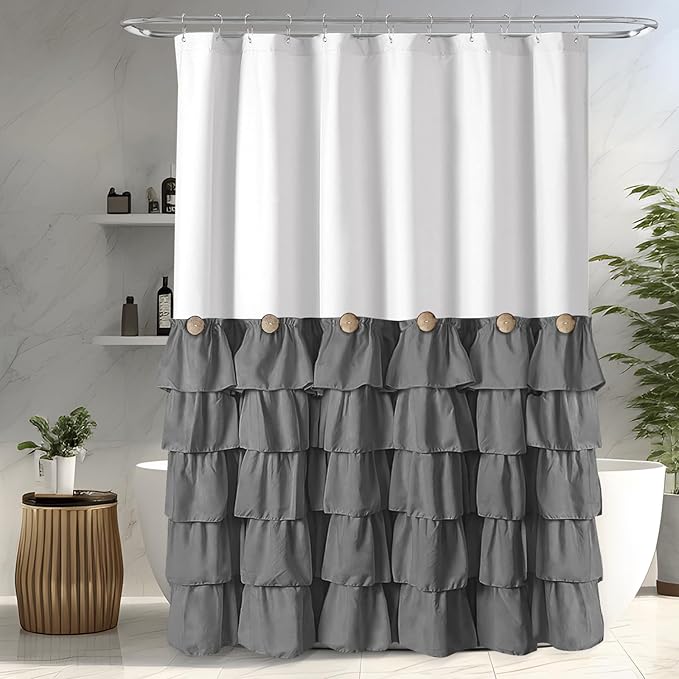 Seasonwood White and Gray Shower Curtain 72 x 72 with Nature Buttons Shabby Chic Shower Curtain French Country Style Modern Farmhouse Shower Curtains 72" x 72", Grey and White