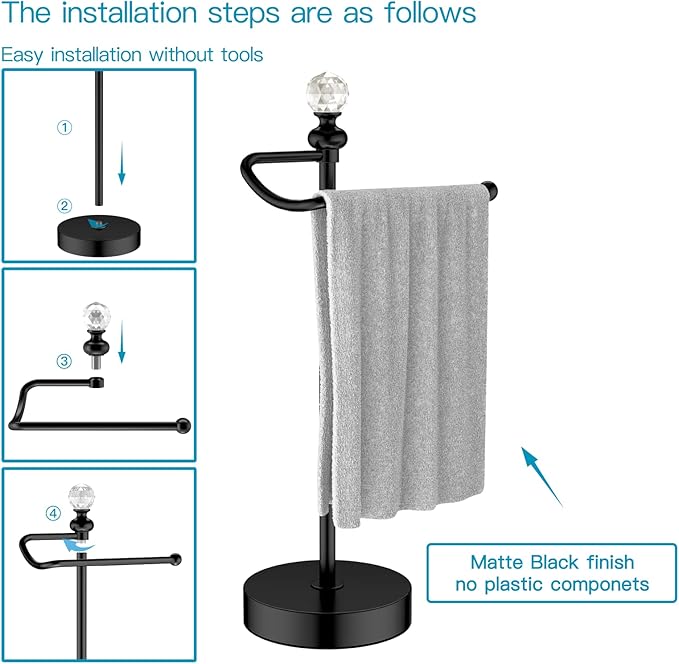 ROLABAM Bath Hand Towel Holder Stand, 2 Pack Stainless Steel Black Towel Rack Hand Holder for Bathroom, Small Countertop Free Standing Hand Towel Rack with Heavy Base (Matte Black, 2 Pack)