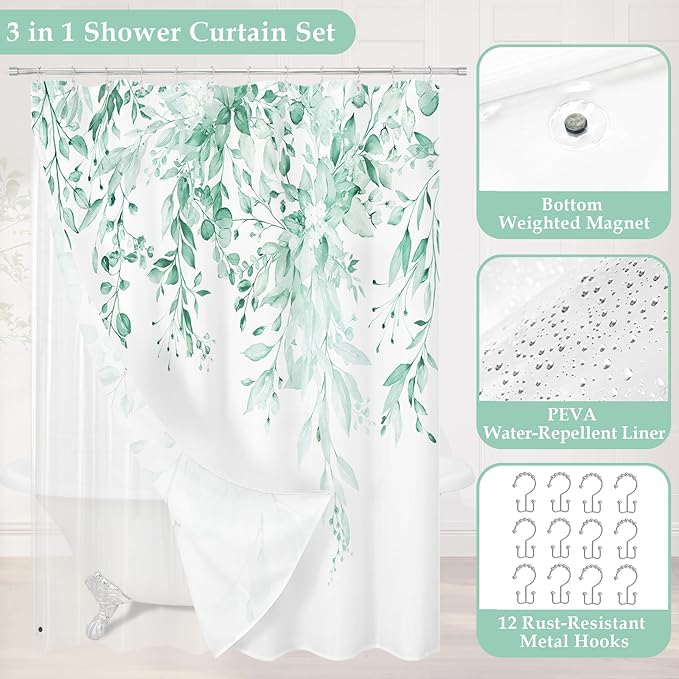 Gibelle 3 in 1 Shower Curtain Set, 72x72 MintGreen Eucalyptus Bath Curtain and PEVA Liner Set with 12 Metal Hooks, Waterproof Fabric Bathroom Curtain