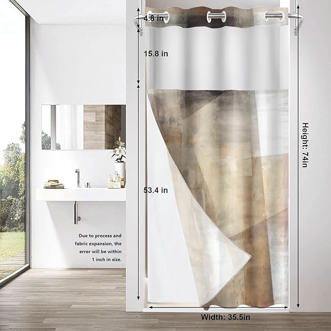 Shrahala Brown Abstract Art No Hooks Shower Curtain with Snap in Liner Set, Beige Painting Bathroom Décor Polyester Fiber Waterproof for Stall Bathtubs 35.5 X 74 in