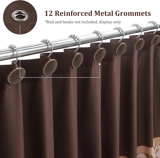Long Brown Fabric Shower Curtain, Waterproof for Bathroom with Tan Gold Printed Boho Paisley Damask Pattern, 72" W x 78" H