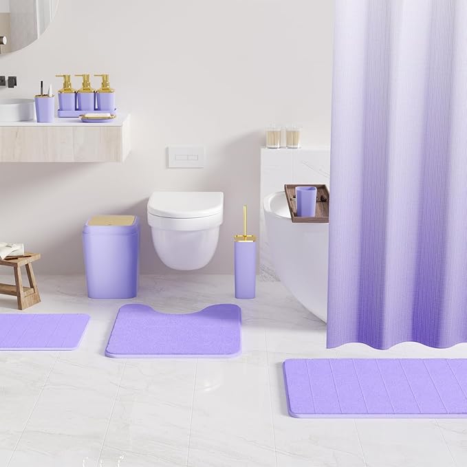 Bathroom Set - 27PC Bathroom Sets with Shower Curtain and Rugs, Purple Bathroom Set, Purple Bathroom Accessories Set with Push-lid Trash Can, Toilet Brush & Soap Dispensers