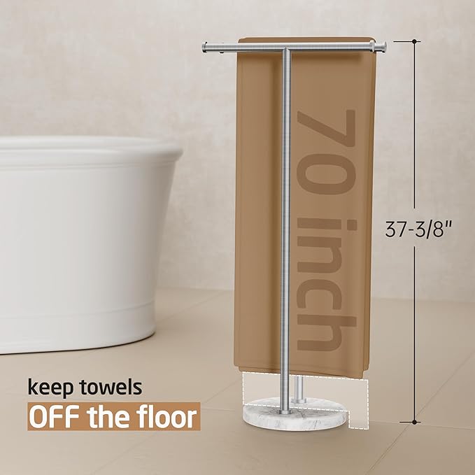 KES Free Standing Towel Rack 3X Thicker Round Marble Base for Bathroom Floor, Double T-Shape Towel Rack Stand with 100% Natural Mable Base, 18/8 Stainless Steel, Brushed Finish, BTH237B-2