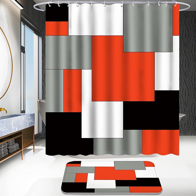 Poedist 4 Pcs Bathroom Decor Shower Curtain Set with Rugs and Accessories,Red and Black Geometric Squares Shower Curtain Sets Include Bath Mat,U Shape and Toilet Lid Cover Mat,with 12 Durable Hooks