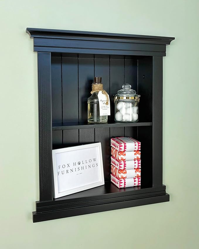 Fox Hollow Furnishings 14x18 Elliot Craftsman Recessed Wood Wall Niche, Open Medicine Cabinet Replacement, in The Wall Bathroom Cabinet Insert Shelves, Made in North America, NO MDF, Beadboard, Black