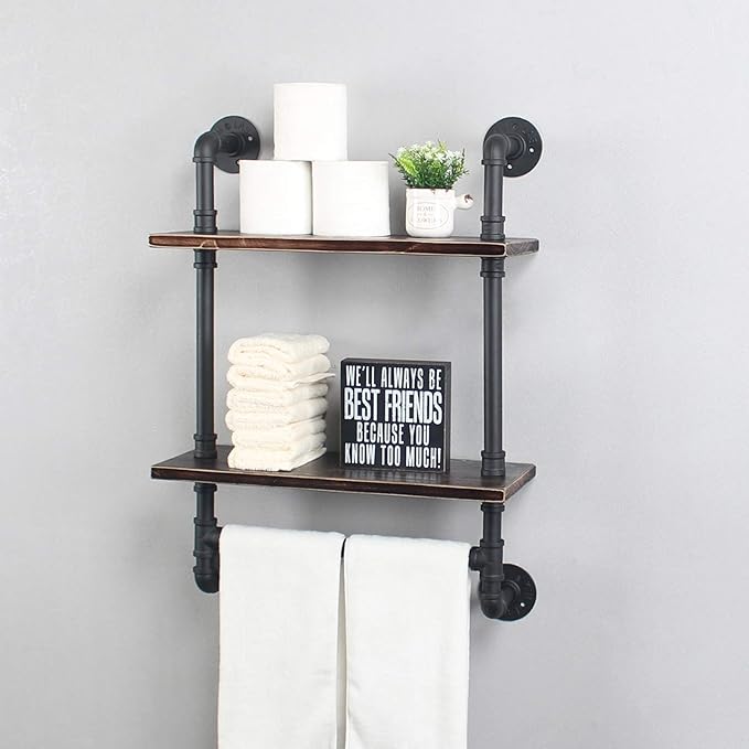 Industrial Pipe Shelf Bathroom Shelves Wall Mounted,19.6in Rustic Wood Shelf with Towel Bar,2 Tier Farmhouse Towel Rack Over Toilet,Pipe Shelving Floating Shelves Towel Holder,Retro Black