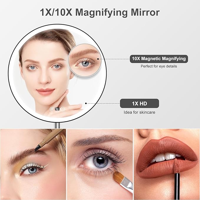 FRANO 10.5" Professional Makeup Mirror with Lights, Rechargeable HD Vanity Mirror, CRI≥98 True-Sunlight, 3 Color Modes & Stepless Dimming, 5000mAh, Valentines Day Gifts for Her