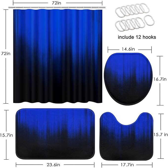 Blue and Black Ombre Shower Curtain Set with Toilet Lid Cover and Non-Slip Rugs for Bathroom, Gradient Modern Gothic Abstract 4 Pcs Shower Curtain, Bathroom Set with 12 Hooks