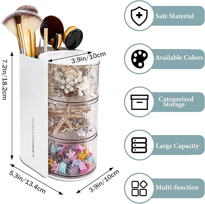 WCHOSOZH 3-Tier Clear Hair Accessories Organizer with Hair Brushes Holder, Rotatable Drawer Makeup Sponge Holder Desktop Organizer Case for Makeup Brush Lipsticks Q-tip Cotton Swab Stationery (White)