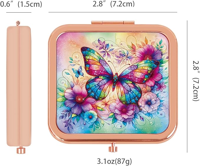 Compact Mirror, Handheld 2.8 inches Travel Makeup Mirror, 1X/2X Magnifying Square Pocket Makeup Mirror Rose Gold Butterfly