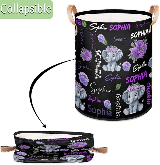 Custom Elephant Laundry Hamper, Personalized Laundry Baskets with Handles Dirty Clothes Hamper Storage Basket